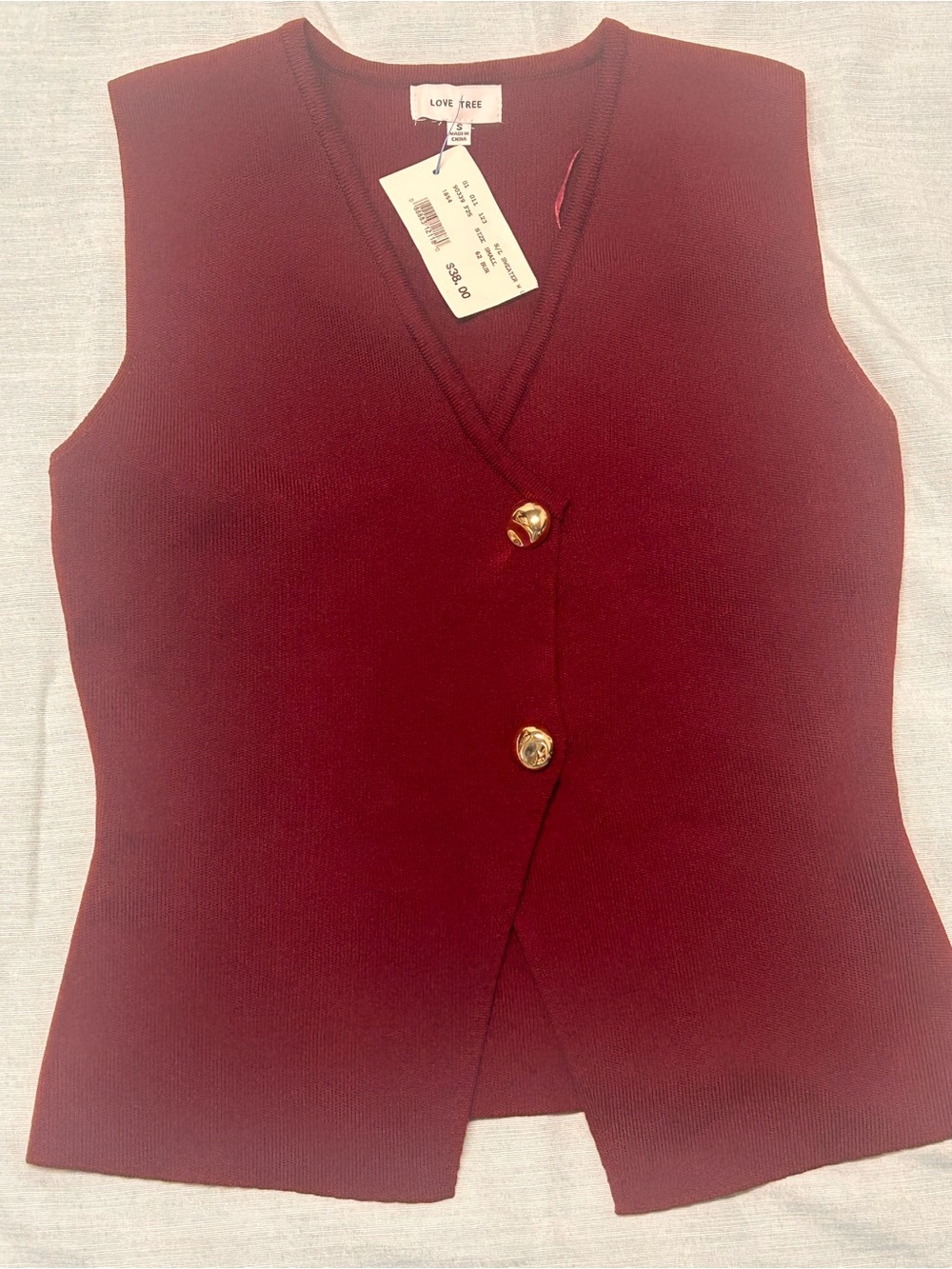 Love Tree Women's Burgundy Sleeveless Button Vest small NWT